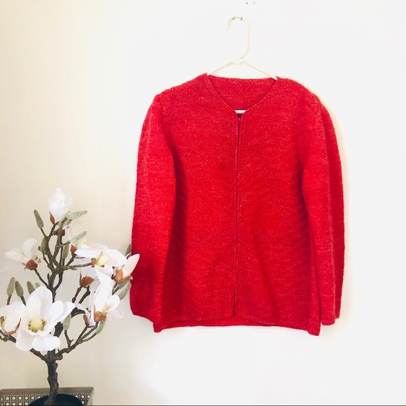 Vintage handmade red wool zipper cardigan - Picture 2 of 8